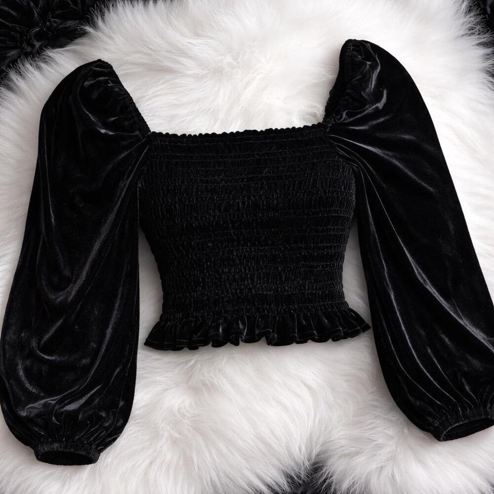 Agatelle Collection Velvet Smocked Crop Top Puff Sleeve Dark Whimsigoth Y2K Goth